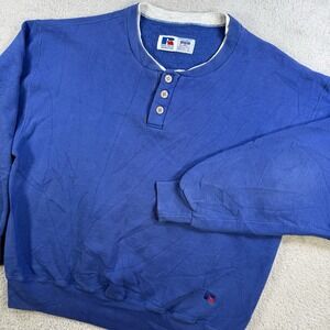 Vintage Russell Athletic Sweatshirt Mens Large Blue Henley Fleece USA Pullover